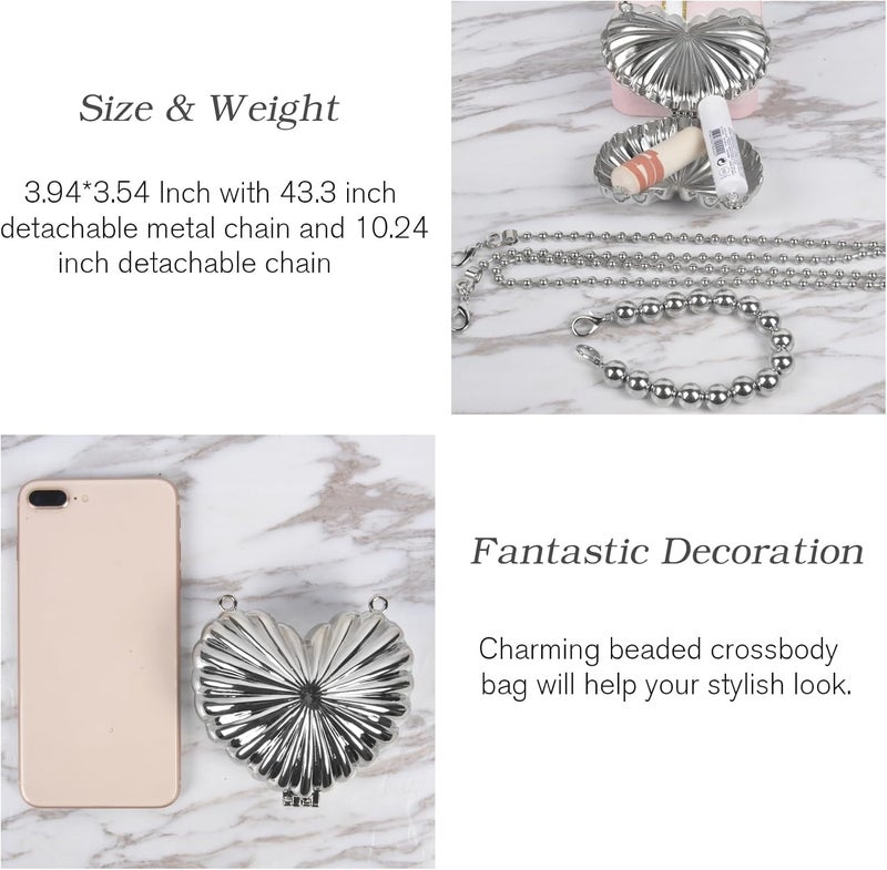 QZUnique Mini Heart Evening Bag, Metal Purse Crossbody Handbag for Girl Kids, Women Shoulder Bag for Wedding Prom Party - Image 2
